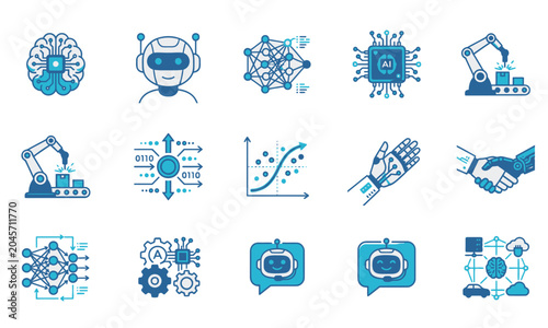 Collection of technology and artificial intelligence icons depicting innovation and futuristic concepts