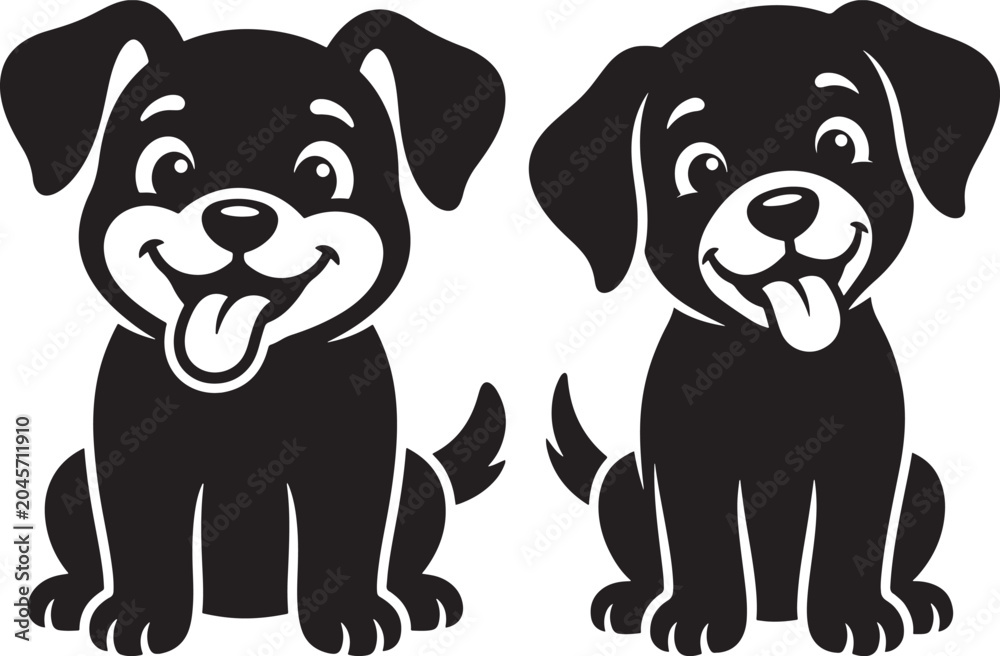 Obraz premium Cute puppy dog silhouettes sitting happy expression black vector on white background with silhouette isolated domestic