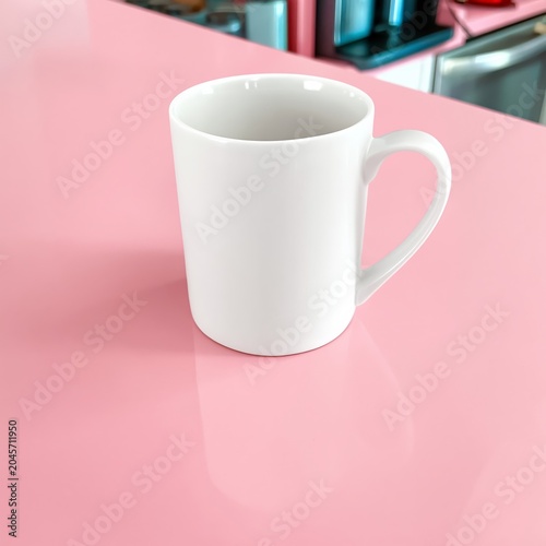 White Coffee Cup on a Pink Countertop in a Bright Kitchen Setting