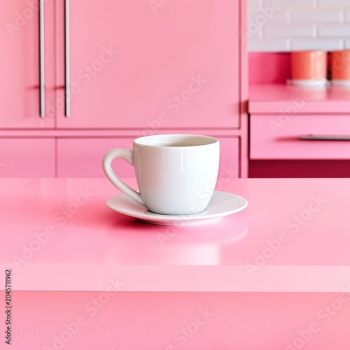 White Coffee Cup on a Pink Countertop in a Bright Kitchen Setting