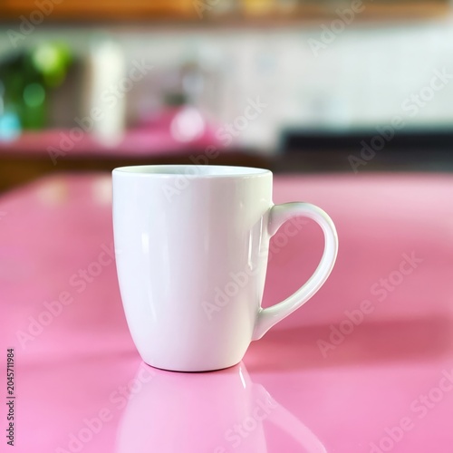 White Mug on a Pink Table With Plants in a Kitchen Setting During the Day
