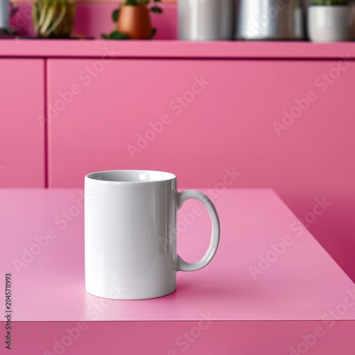 White Mug on a Pink Table With Plants in a Kitchen Setting During the Day