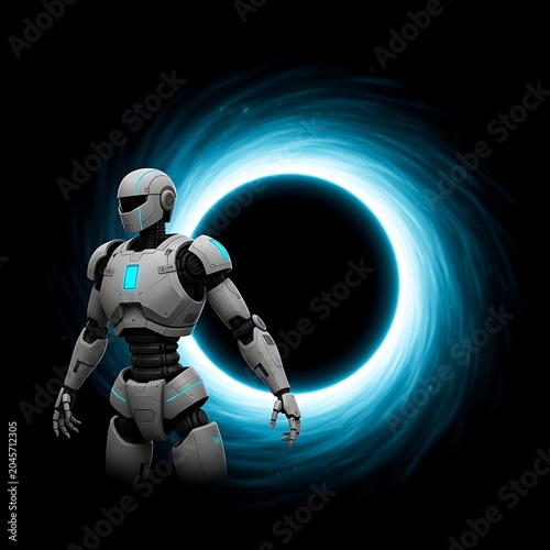 Robot standing in front of glowing portal.