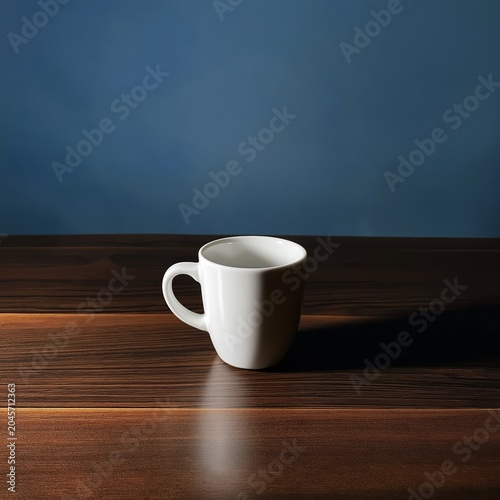 Empty White Coffee Cup on Dark Wooden Table Against Blue Wall Background