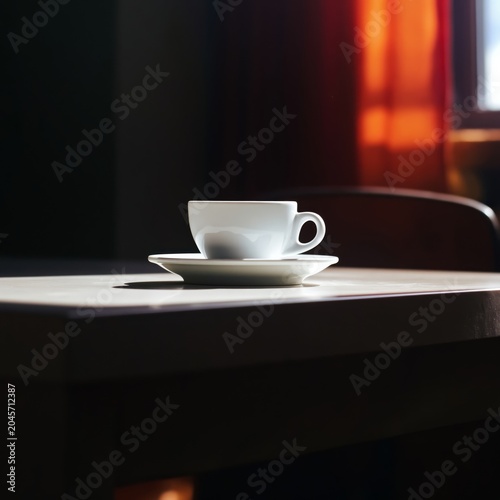 Empty White Coffee Cup on Dark Wooden Table Against Blue Wall Background