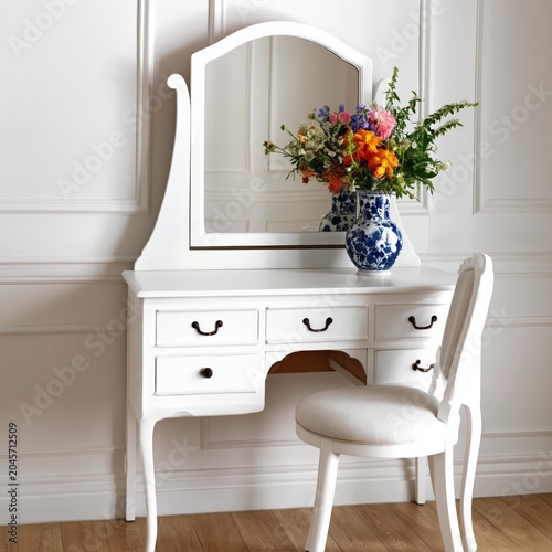 Vanity Table With a Mirror and a Vase of Flowers in a Bright Room