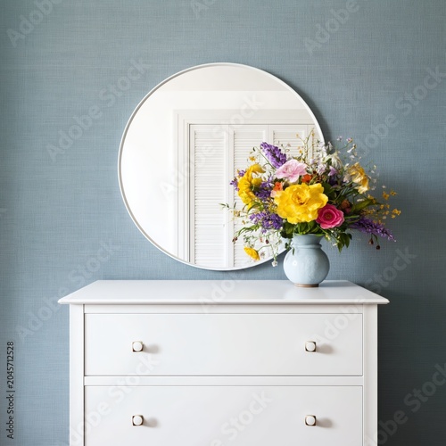 Bright Flowers in a Vase on a White Dresser Placed Near a Window With Sheer C...