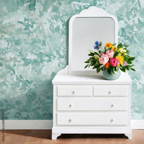 Vanity Table With a Mirror and a Vase of Flowers in a Bright Room