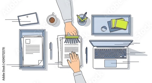 Hands working on office desk workspace.