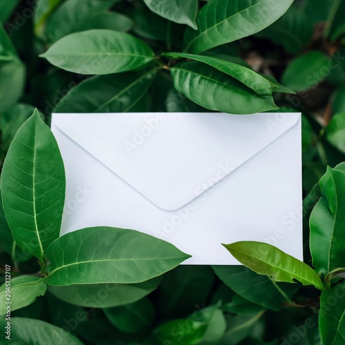 White Envelope Placed on Fresh Green Leaves in a Natural Setting During Daylight