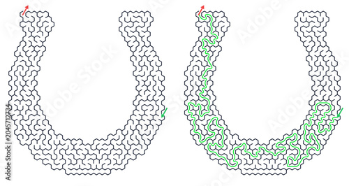 Horseshoe shape maze for activity book. Complex labyrinth path with solution. Printable vector puzzle game isolated on transparent background