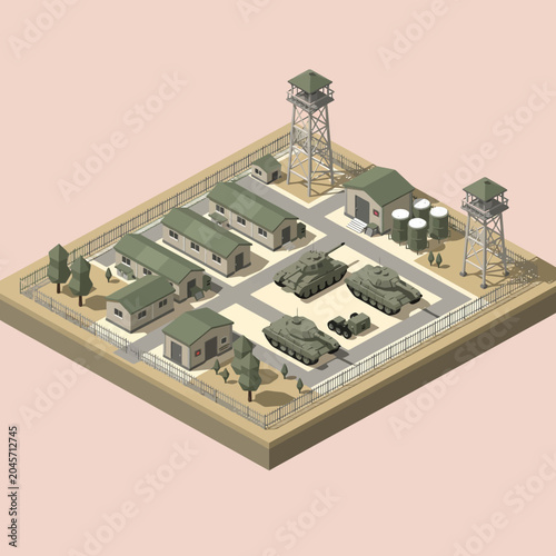 Photos Isometric illustration of a military base with tanks and watchtowers on display