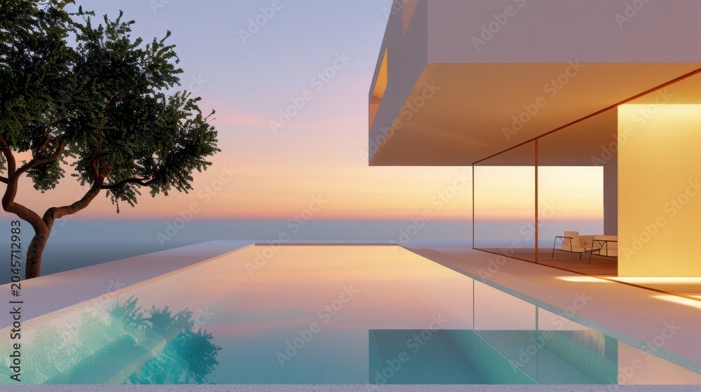 Fototapeta premium Modern Architecture with Infinity Pool and Sunset Sky Reflected in Water on Coastal Landscape