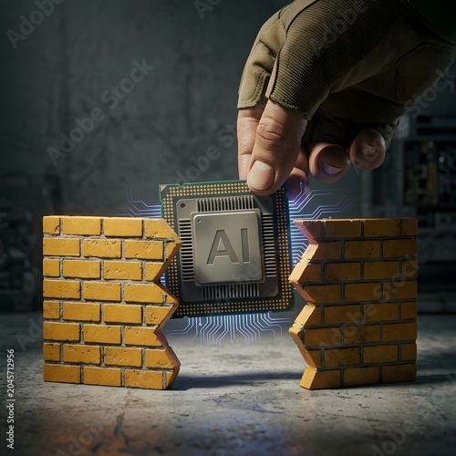 Artificial intelligence breaking barriers – Gloved hand placing AI chip into brick wall gap with glowing circuitry highlighting technology integration and banner copy space
