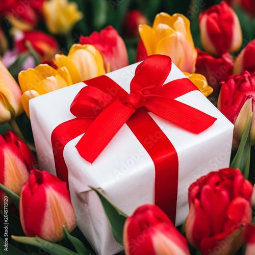 Gift Box Surrounded by Colorful Tulips on a Sunny Day in Spring
