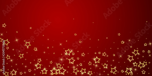 Twinkle stars scattered around randomly, flying, falling down, floating. Christmas celebration concept. Festive stars vector illustration on red background.