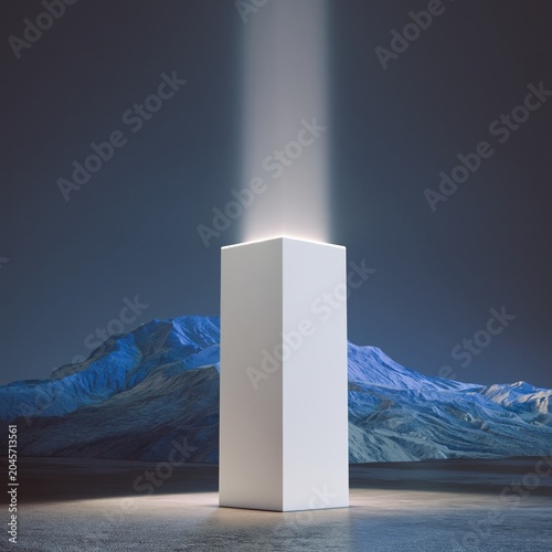 Modern White Structure Stands Against Dark Background With Light Beam Showing...