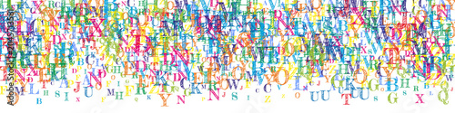 Scattered letters of latin alphabet. Colorful childish floating characters of English language. Foreign languages study concept. Back to school banner on white background.