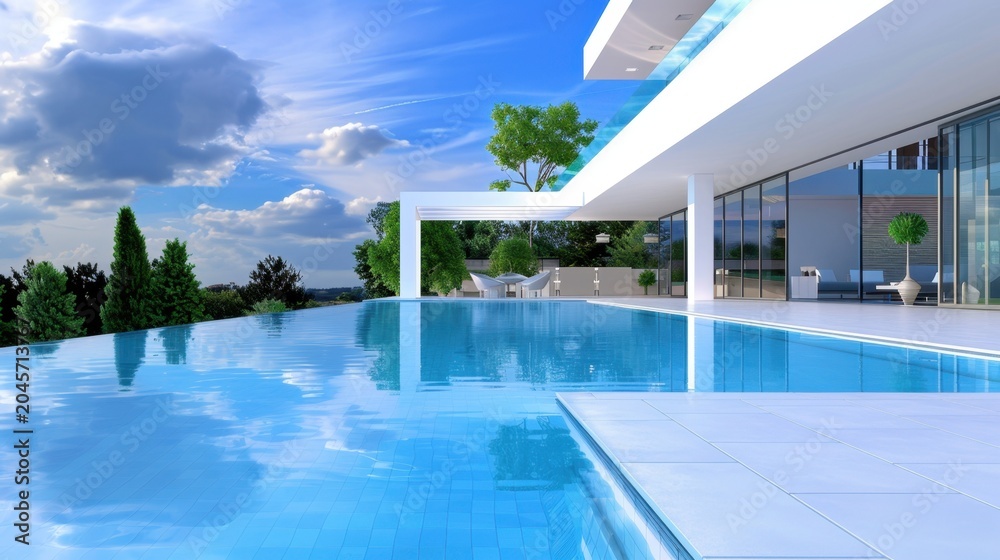 Fototapeta premium Modern Architectural Design of Luxury Infinity Pool Overlooking Scenic Landscape and Blue Sky with White Clouds