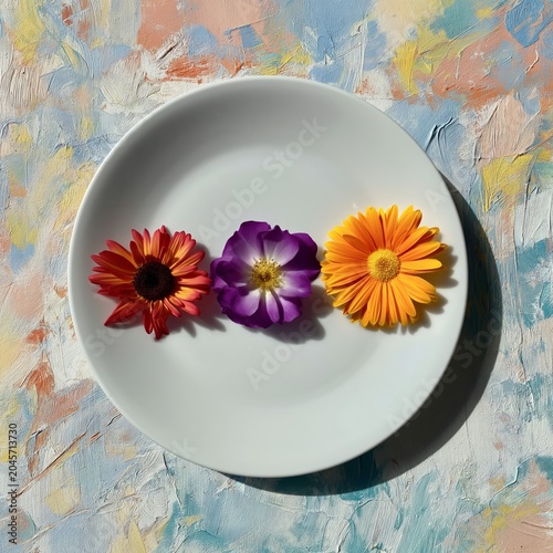 Flowers Arranged on a White Plate With Colorful Background During Daylight