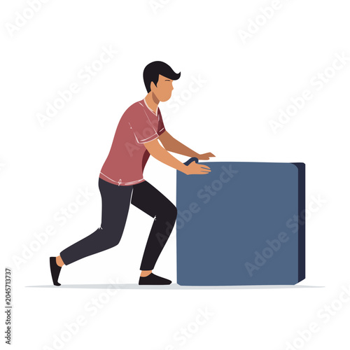 Man pushing a large blue box