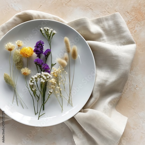 Dried Flowers Arranged on a White Plate Resting on a Light Fabric