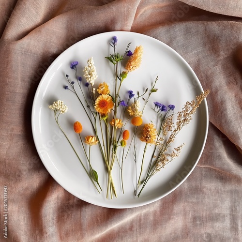 Colorful Flowers Arranged on a White Plate Resting on a Light Surface