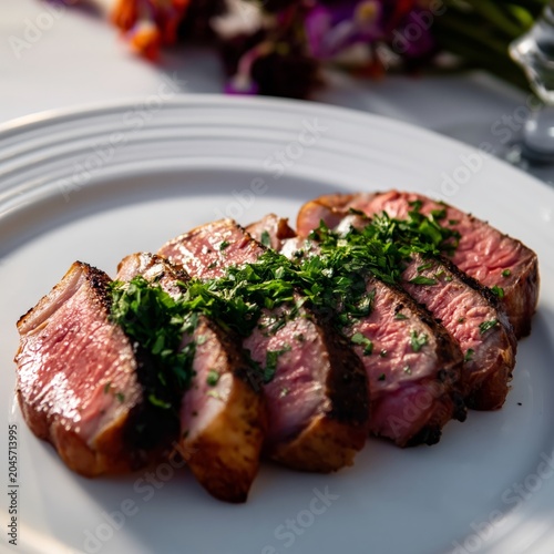 Freshly Cooked Steak Served on a White Plate With Herbs in a Dining Setting