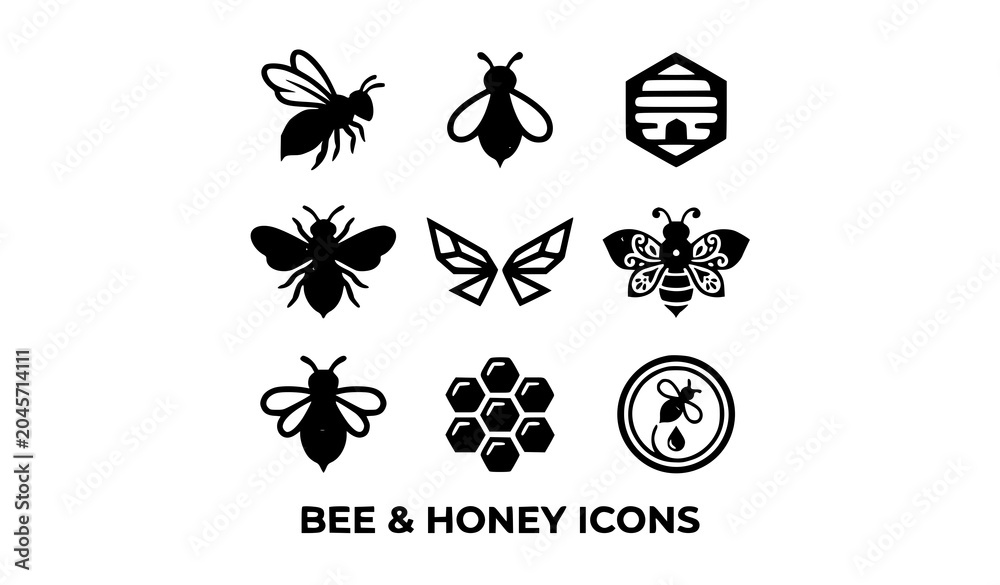 Fototapeta premium Stylized Bee and Honeybee Icon Collection in Black and Orange Silhouette Style