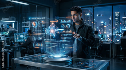 Futuristic man interacting with a holographic interface displaying complex data and charts in a modern lab setting