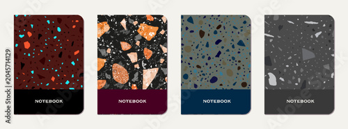 Notebook cover design. Terrazzo abstract background made of natural stones, granite, quartz and marble. Venetian terrazzo texture notebook cover template.