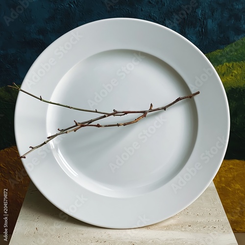 Plate With a Branch Placed on It in Front of a Colorful Background at an Art ...