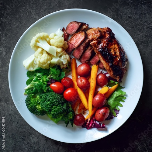 Delicious Meal With Grilled Meat and Fresh Vegetables Served on a White Plate...