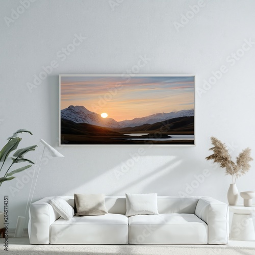Art Displayed in a Light Living Room With a View of a House and Colorful Flowers