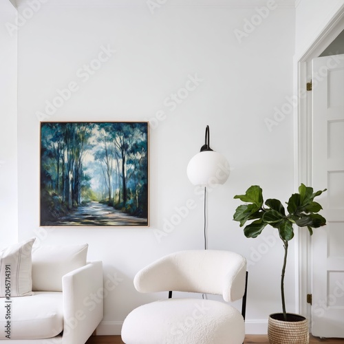 Beautiful Living Room With Modern Art and Plants in a Bright Setting During D...
