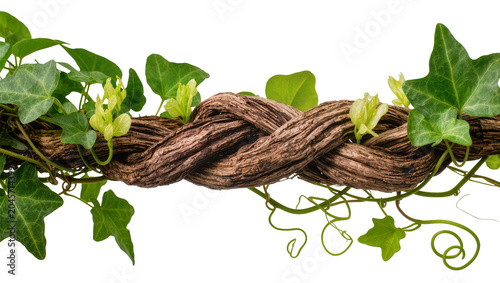 Bild auf Leinwand Thick gnarled vine twisted with green ivy leaves and small buds