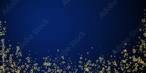 Gold sparkling star confetti. Chaotic dreamy childish overlay template. Festive stars vector illustration on dark blue background.