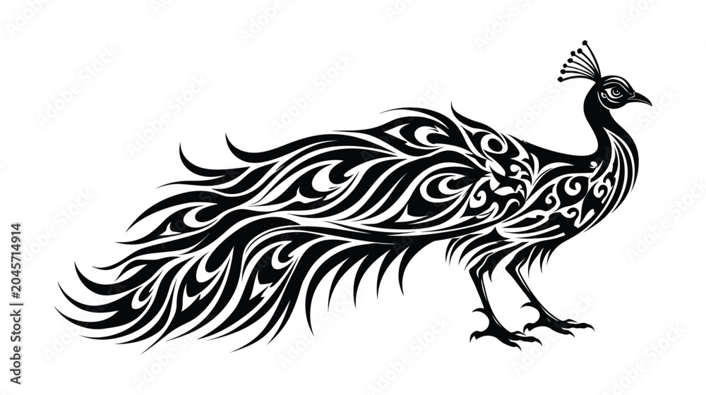 Fototapeta premium Peacock tribal illustration with intricate design and black and white pattern