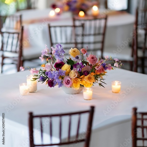 Flowers and Candles Decorate Tables for an Event in a Bright Room During a Su...