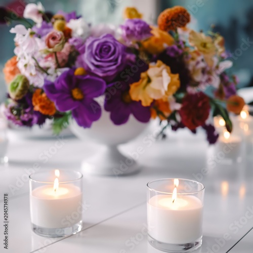 Colorful Flower Arrangement With Candles on a Table in a Bright Setting