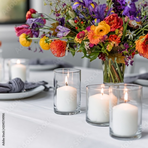 Colorful Flowers and Candles Create a Warm Setting on a Table in a Cozy Space