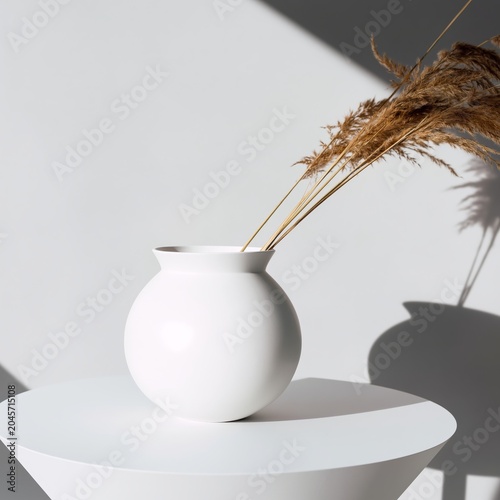 Vase With Dried Plants Placed on a Round Table in Bright Light Setting
