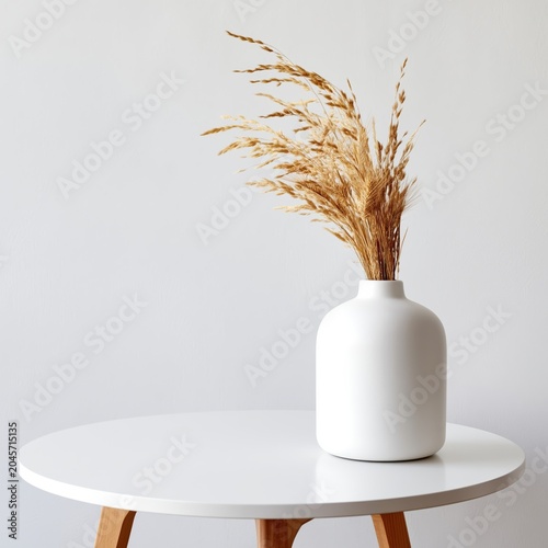 Vase With Dried Plants Placed on a Round Table in Bright Light Setting