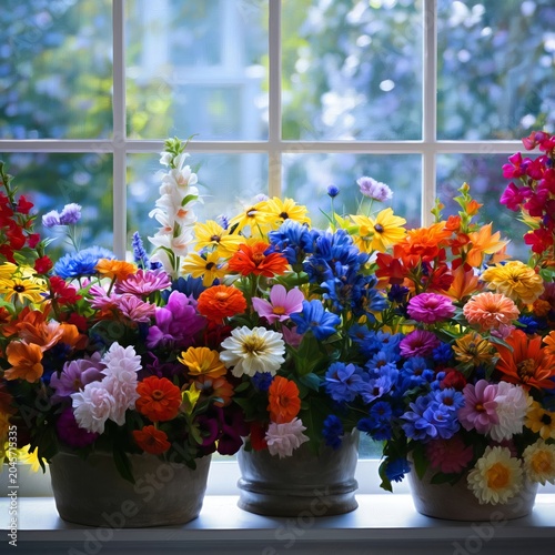 Bright Flowers in Pots Near a Window With Sunlight Shining in During Daytime