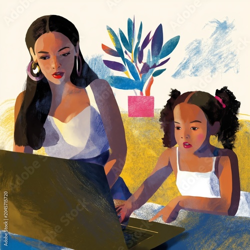 Mother and Daughter Sit Together Looking at a Laptop in a Bright Room