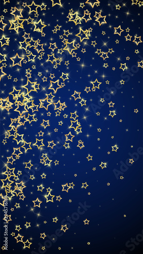 Gold sparkling star confetti. Chaotic dreamy childish overlay template. Festive stars vector illustration on dark blue background.