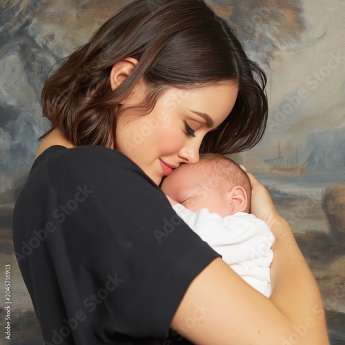 Mother Holds Baby Closely in Warm Embrace Against a Painted Backdrop