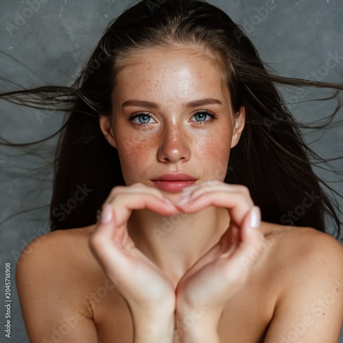 Young Woman Makes Heart Shape With Hands in Indoor Setting With Flowing Hair