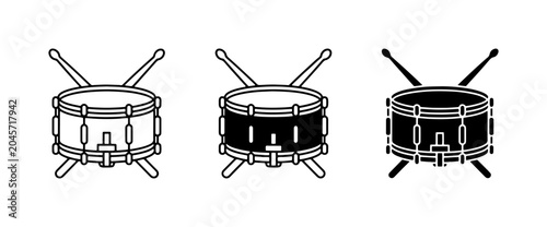 Obraz na płótnie Drum Set Icons: Snare Drum with Sticks, Black and White Vector Graphics for Musi