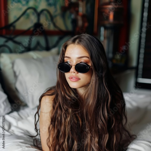 Young Woman Sits on Bed Wearing Sunglasses in a Stylish Room During Day Time